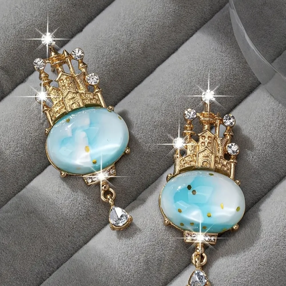 Gold and Blue Enchanted Castle Earrings - Picture 2 of 4